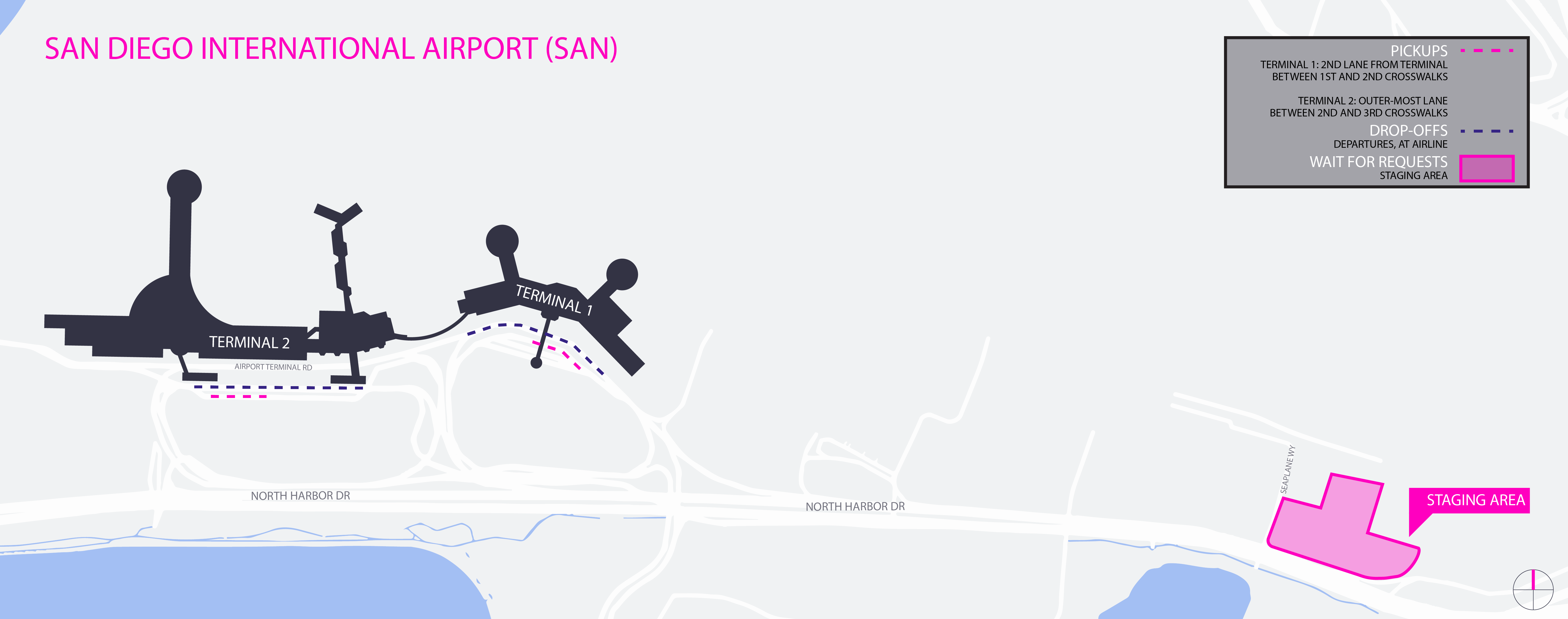 Map of the SAN airport. It includes staging lot, pickup, and drop-off areas.