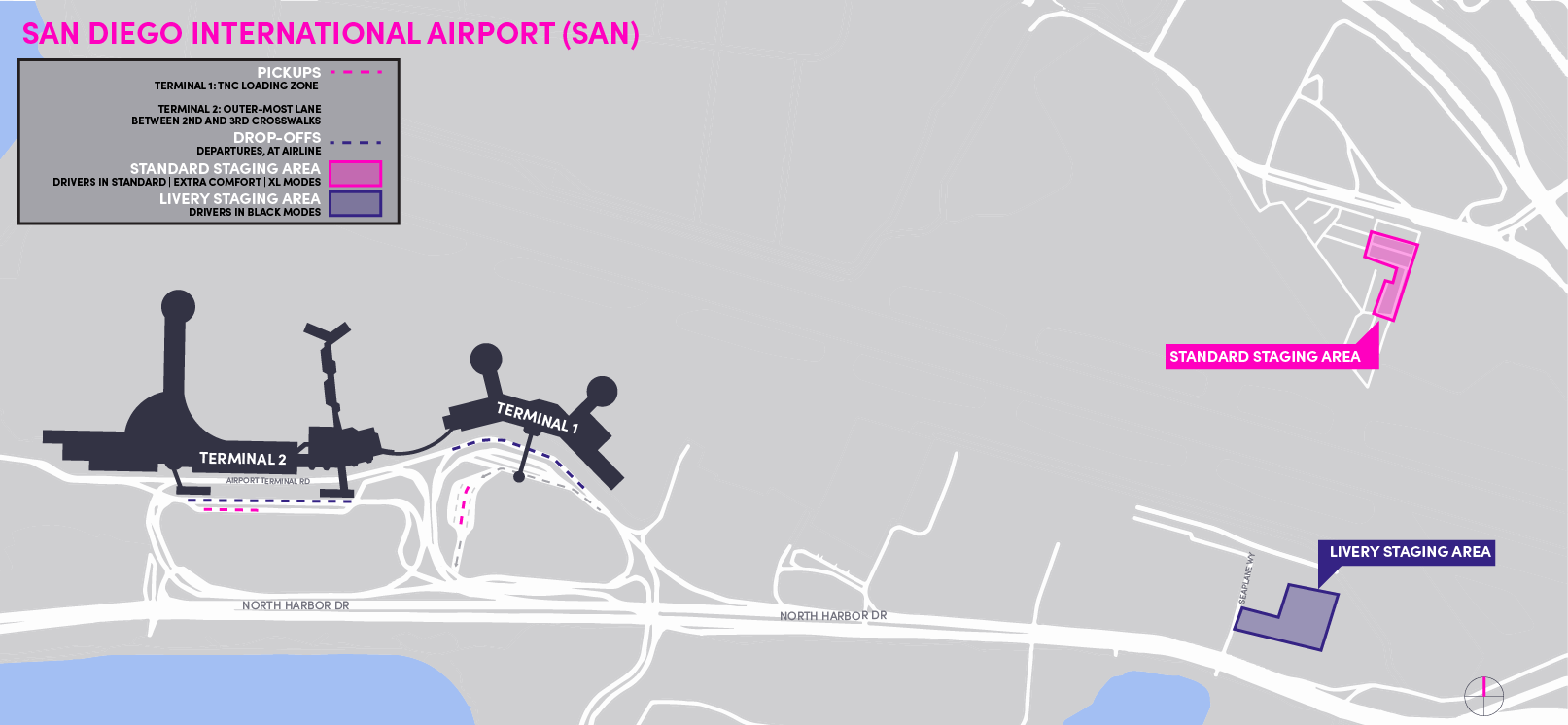 Map of the SAN airport. It includes staging lot, pickup, and drop-off areas.