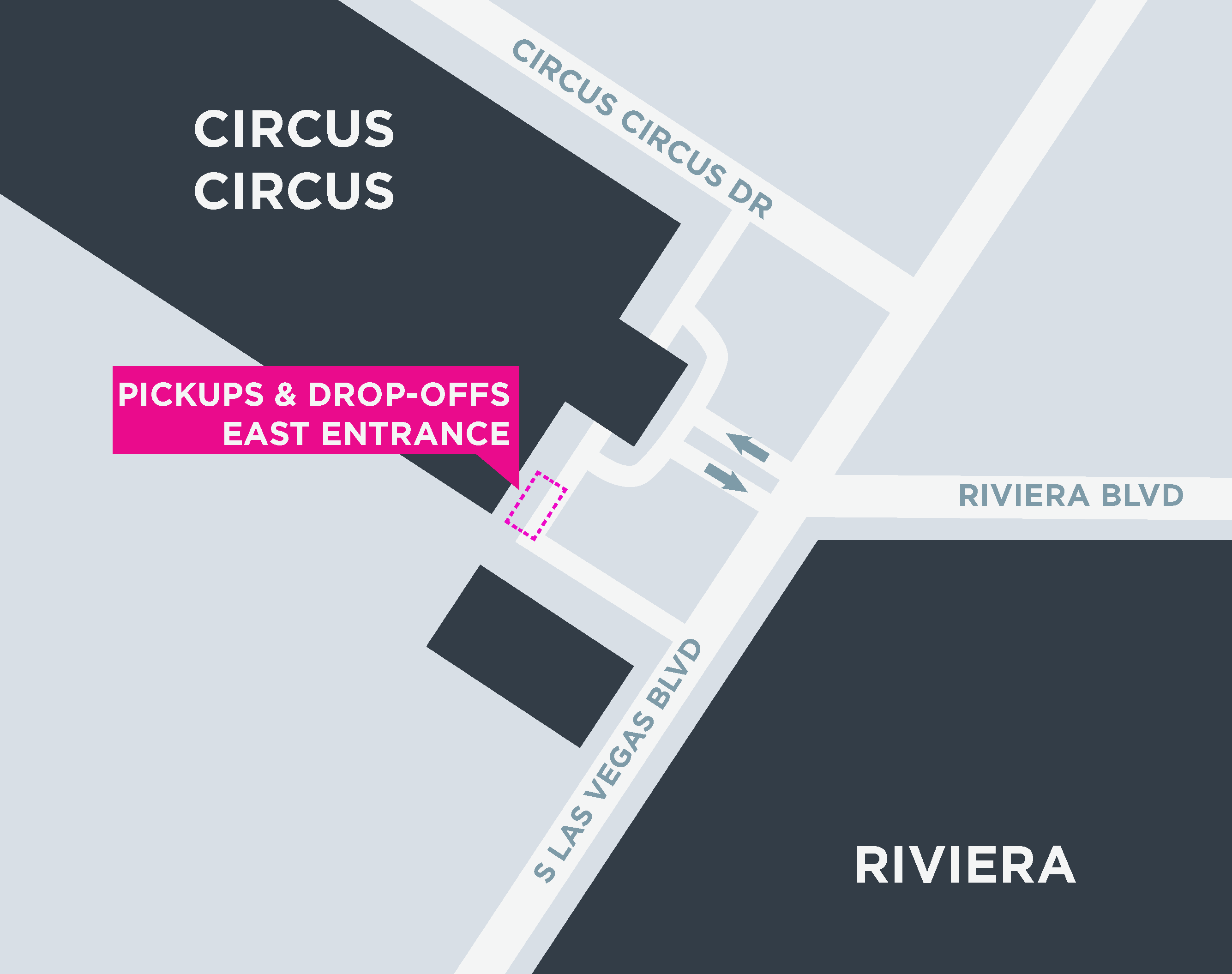Esta imagen muestra un mapa de Circus Circus, incluidas las áreas para recoger y dejar pasajeros.