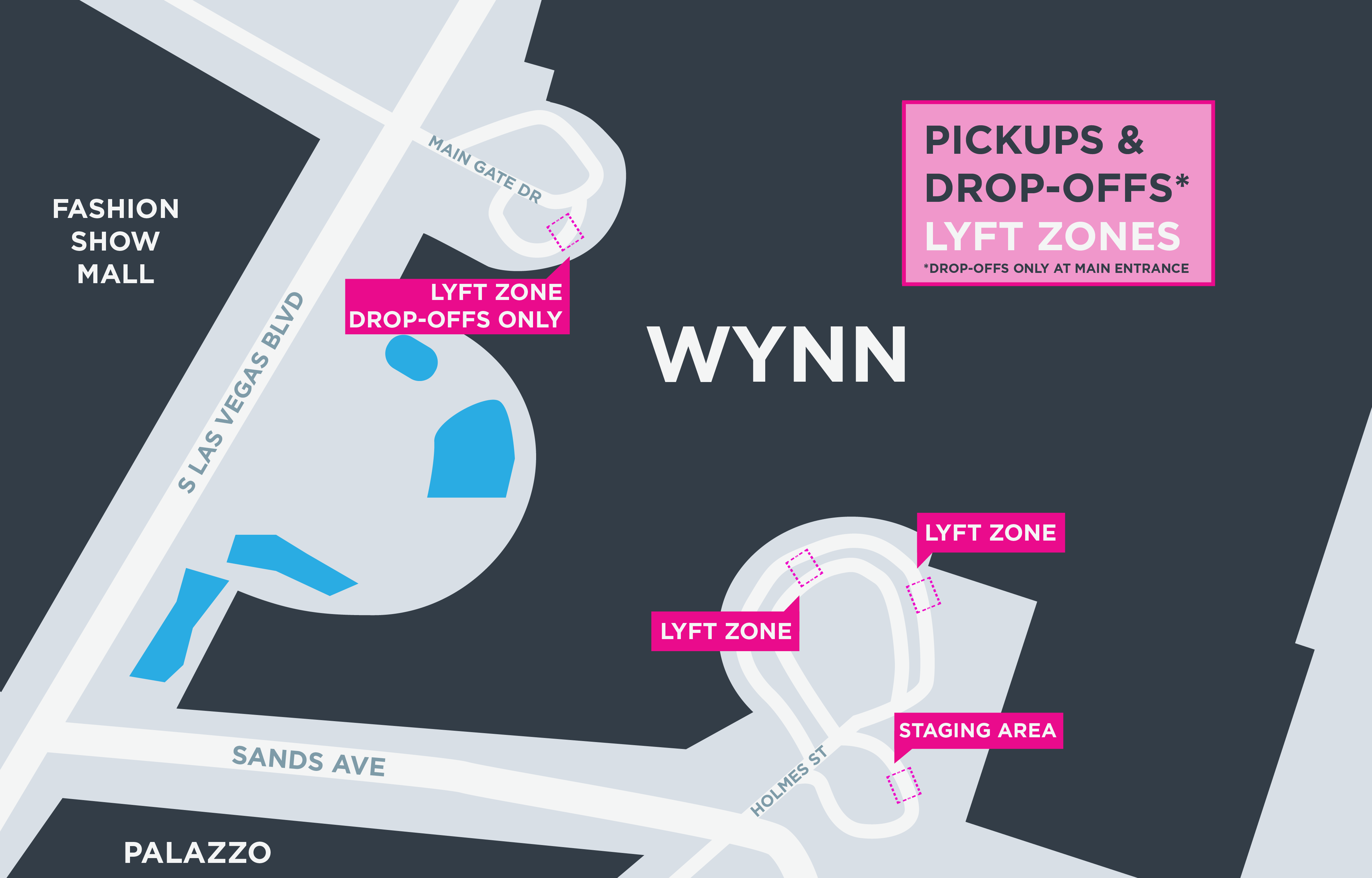 Esta imagen es un mapa de Wynn. Incluye las áreas para recoger y dejar pasajeros de Lyft.