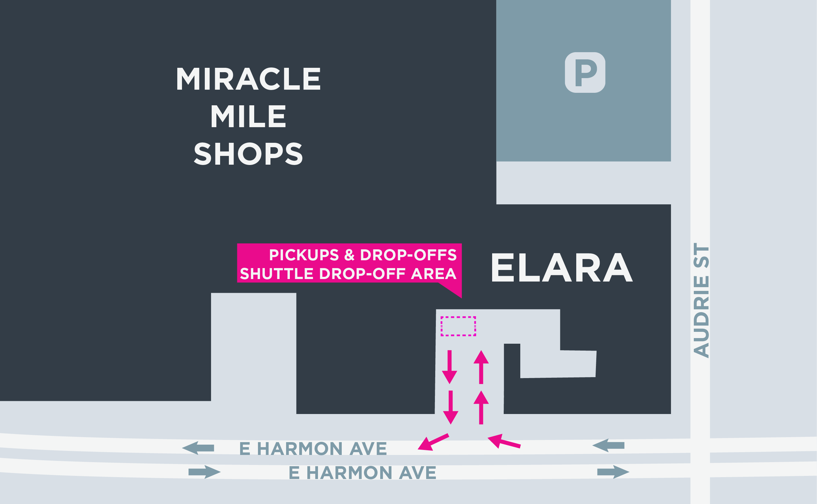 This image shows a map of the Elara, including pickup and dropoff areas.
