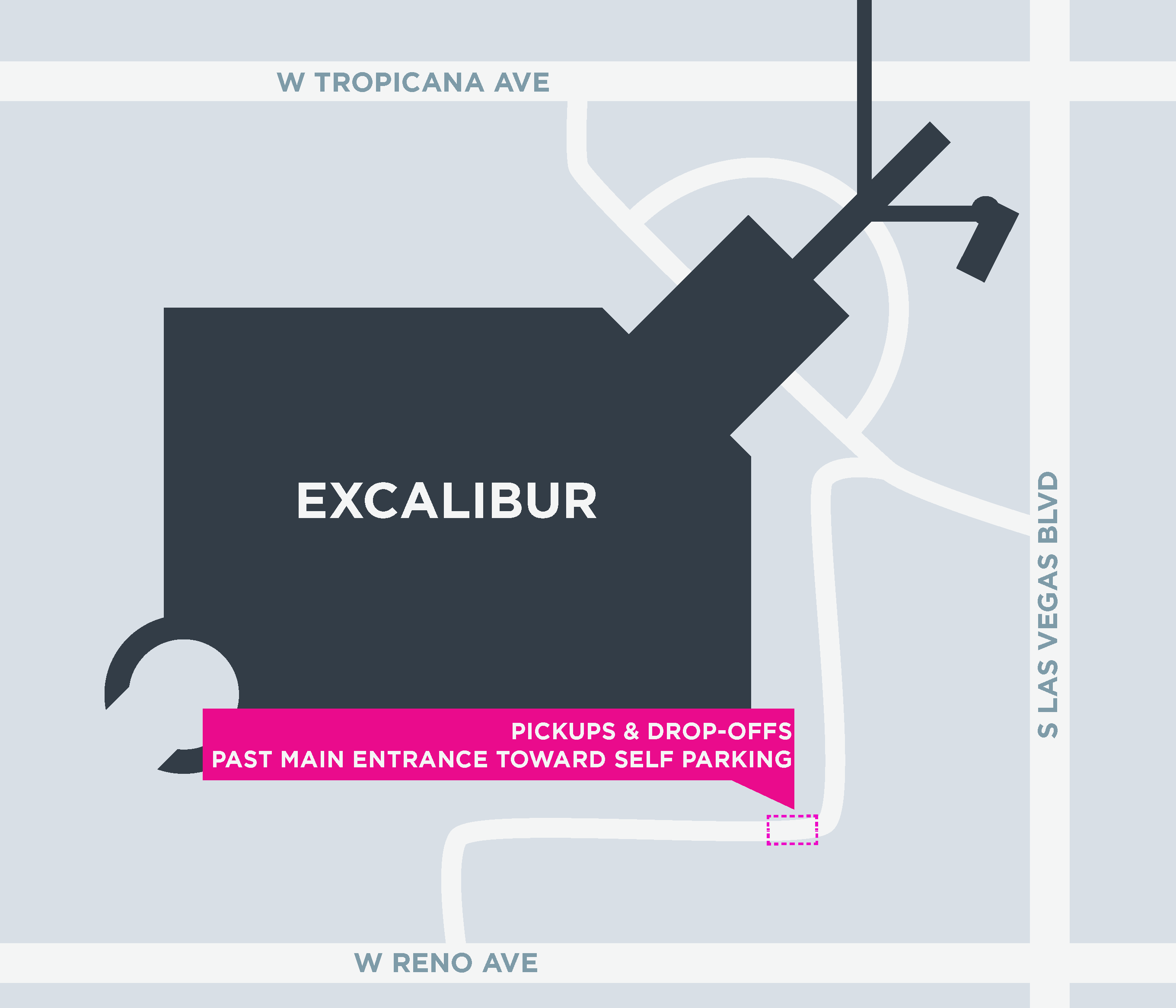 Mapa de las áreas para recoger y dejar pasajeros en Excalibur, en Las Vegas.
