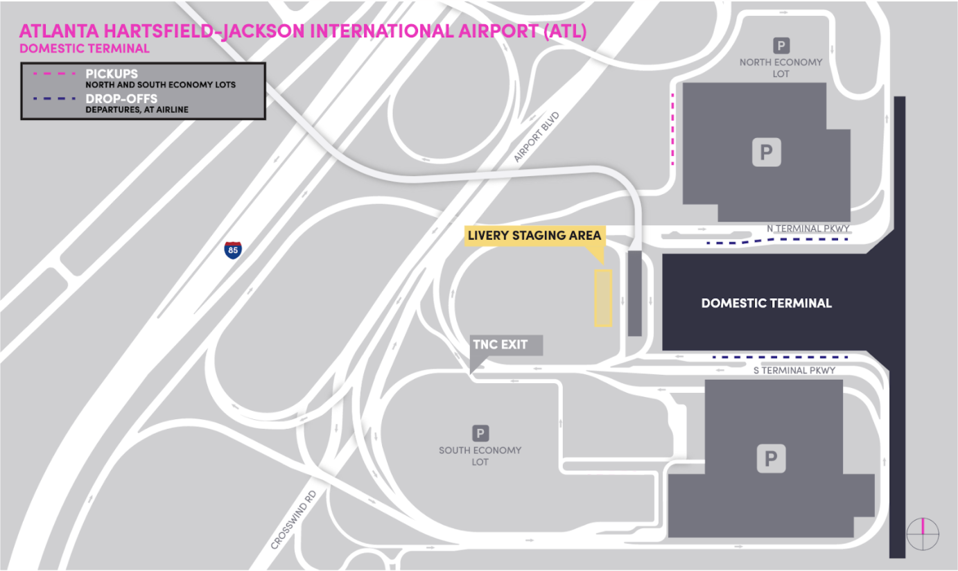 Mapa del Aeropuerto Internacional Hartsfield-Jackson de Atlanta (ATL) en el que se detallan los lugares para recoger y dejar pasajeros.