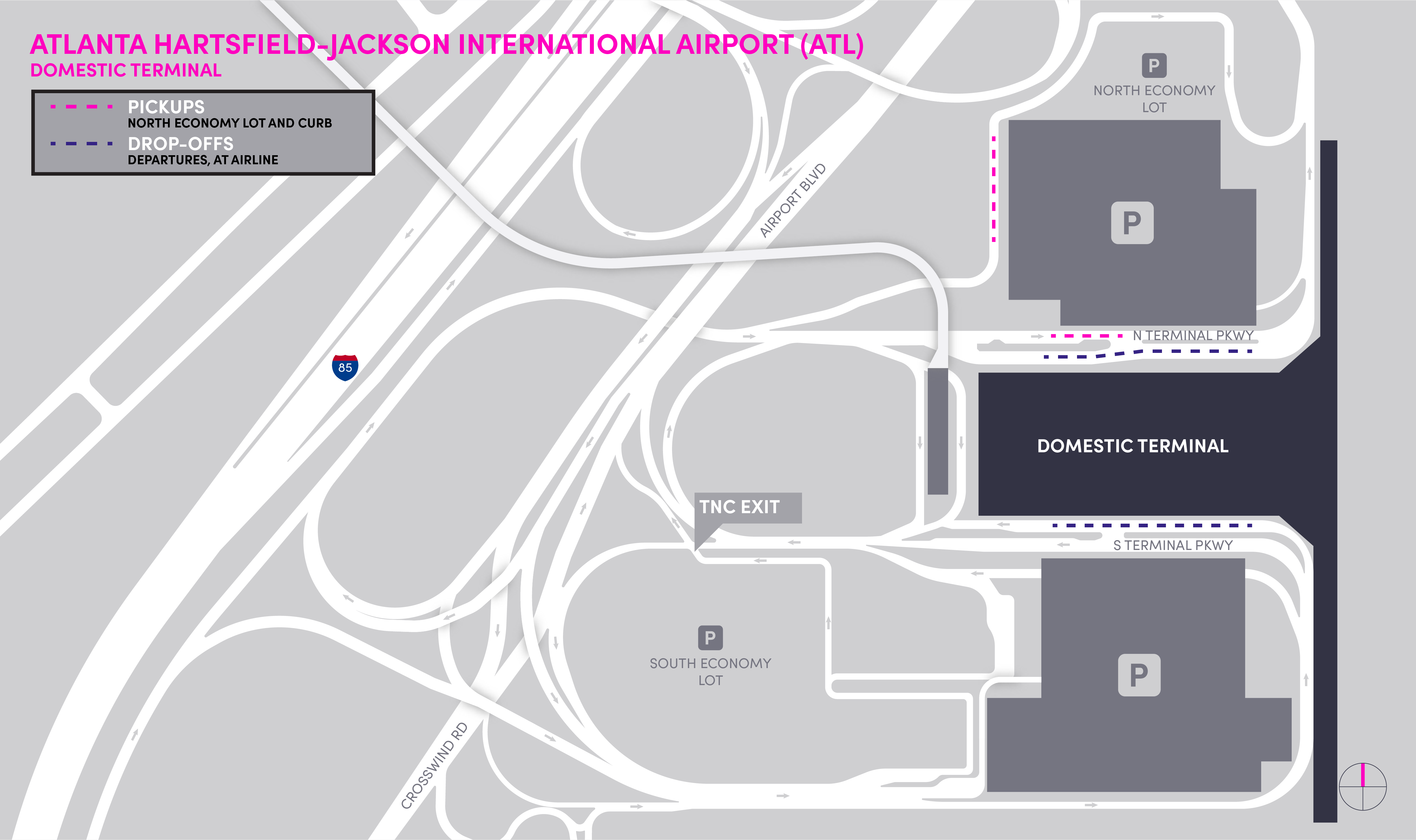 Mapa do Aeroporto Internacional Atlanta Hartsfield-Jackson (ATL) detalhando os locais de embarque e desembarque.