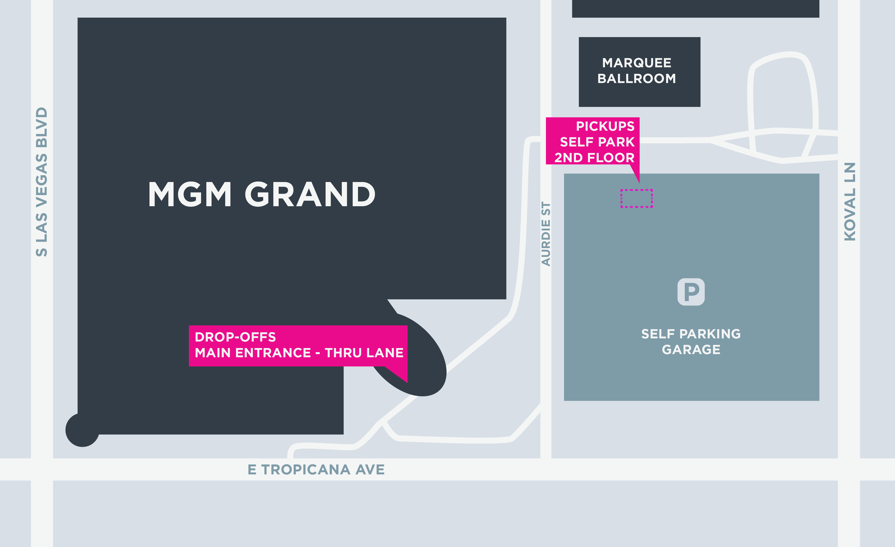 Mapa das áreas de embarque e desembarque no MGM Grand, em Las Vegas.