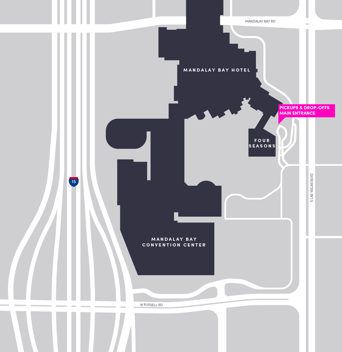 Plan de la zone de départ et d'arrivée au Mandalay Bay à Las Vegas.