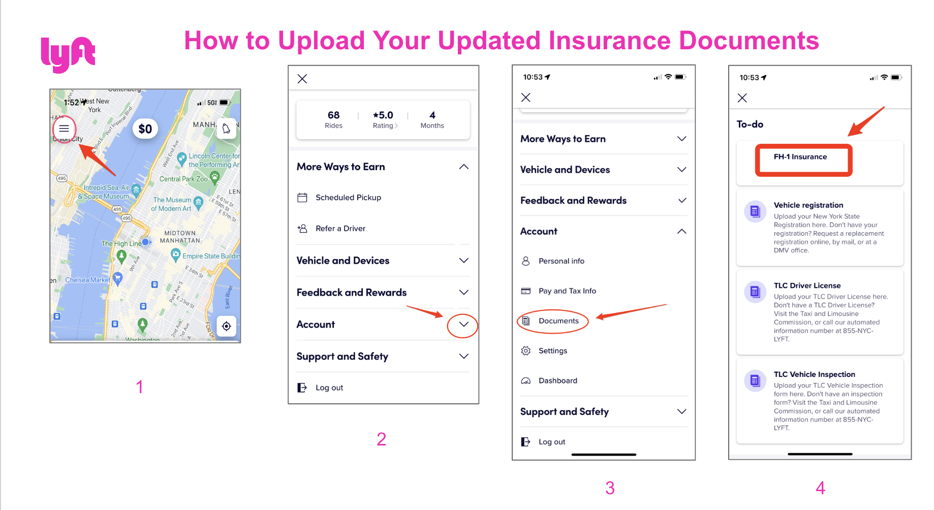 This image illustrates how to upload insurance documents in the app. After uploading, it may take at least an hour for documents to be reviewed.