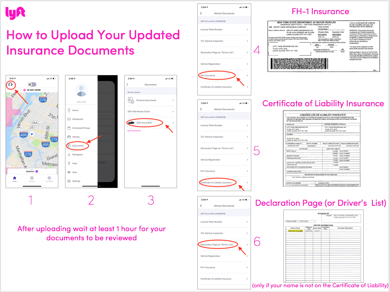 Esta imagem ilustra como carregar documentos de seguro no app. Após carregar, pode levar pelo menos uma hora para que os seus documentos sejam revisados.