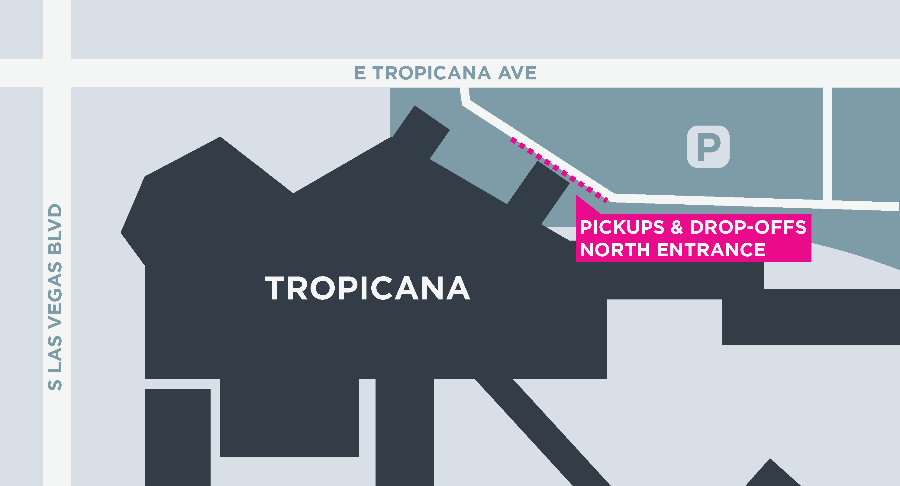 Esta imagen muestra un mapa de Tropicana, incluidas las áreas para recoger y dejar pasajeros.