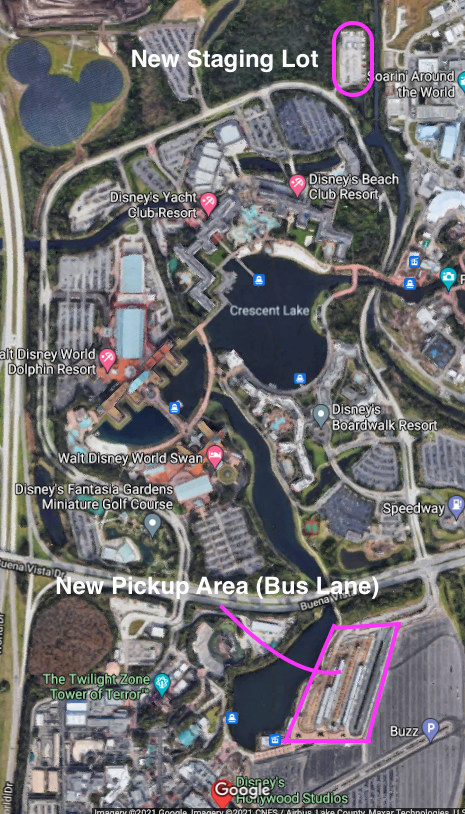 Map of the staging lot and pickup area at Disney's Hollywood Studios