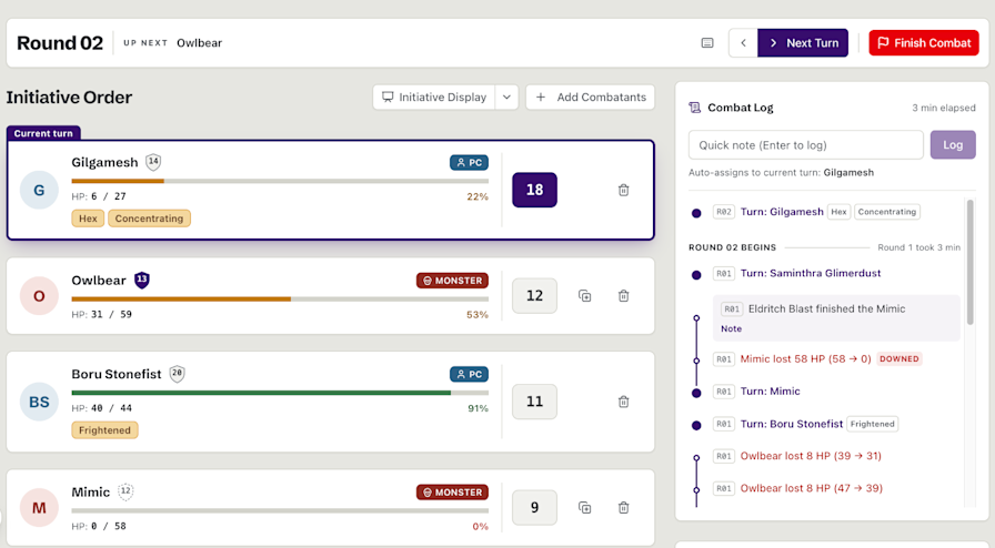 The Quill & Tankard initiative tracker in round 2. Gilgamesh has the current turn, the Owlbear is up next, and the combat log sits beside the order.
