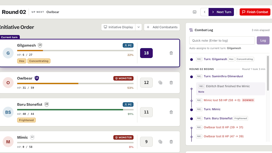 The Quill & Tankard initiative tracker in round 2. Gilgamesh has the current turn, the Owlbear is up next, and the combat log sits beside the order.