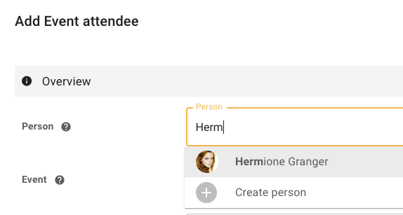 Type person for event attendee