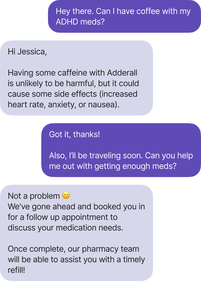 Chat messages between an user and Frida staff, user asks if they can have coffee with their ADHD medicine and staff gives their advice