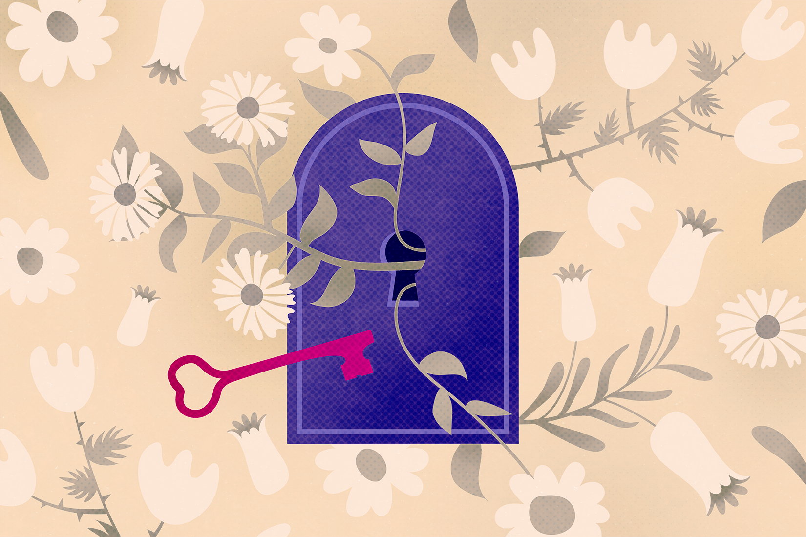 A purple door being unlocked by a key in a floral garden.