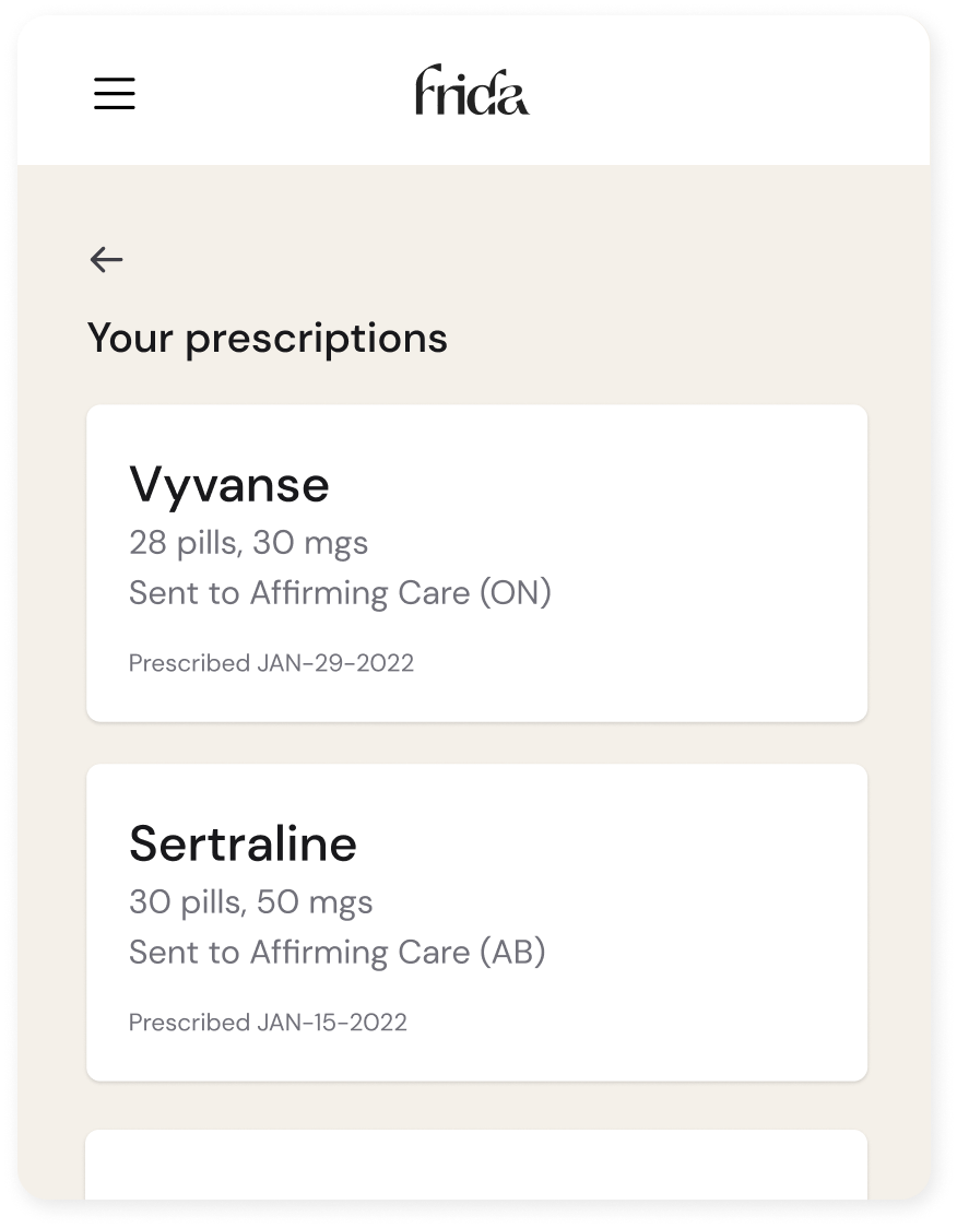 "Your prescriptions" tab within Frida's care portal