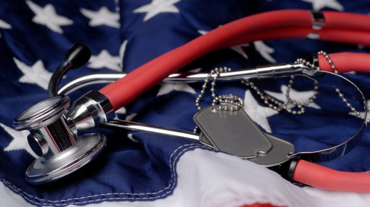 flag with stethoscope and dog tags medical