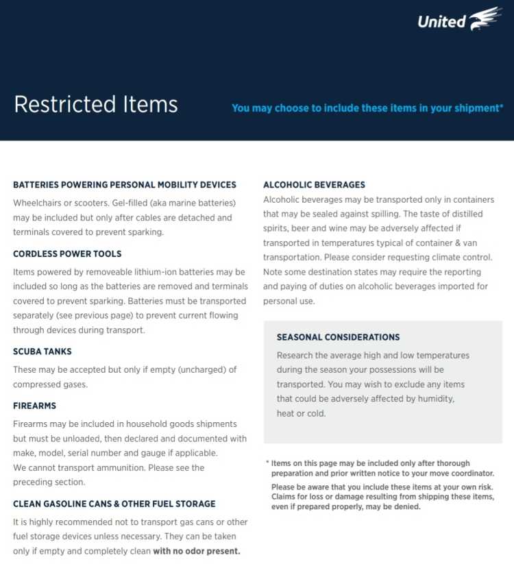 List of Restricted items for PCS moves, from United Van Lines