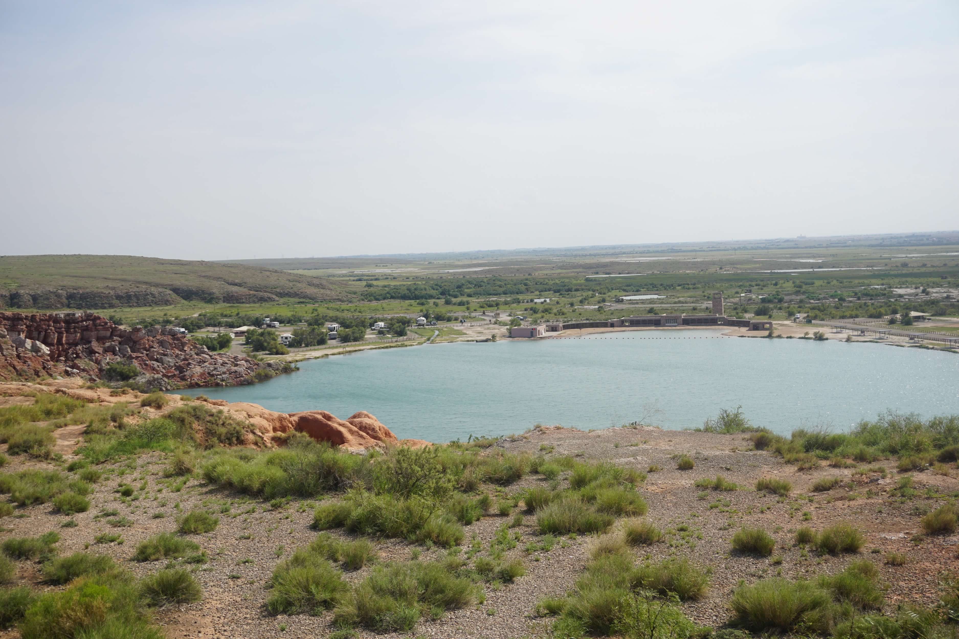 The largest sinkhole at Bottomless Lakes State Park, Lea Lake, where visitors can swim, kayak, and camp.