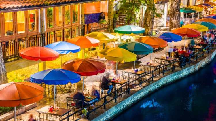 breweries in San Antonio, colorful umbrellas along the River Walk