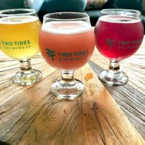 trio of beer tasting glasses at Two Tides brewing company near Fort Stewart