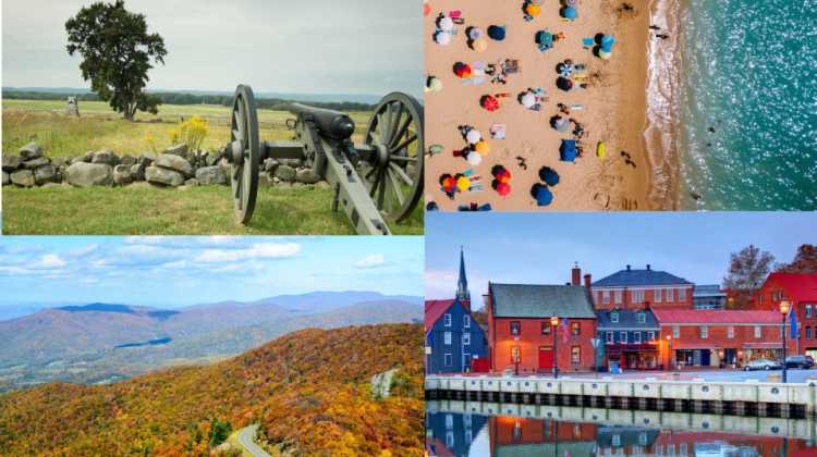 Day trips from Northern Virginia include a trip to the Gettysburg Battlefield in PA, visiting the beach at Ocean City, Maryland, driving through the Blue Ridge Mountains in Shenandoah National Park, and enjoying the quaint harbor at Annapolis, Maryland. 