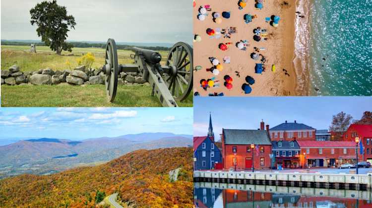 Day trips from Northern Virginia include a trip to the Gettysburg Battlefield in PA, visiting the beach at Ocean City, Maryland, driving through the Blue Ridge Mountains in Shenandoah National Park, and enjoying the quaint harbor at Annapolis, Maryland.