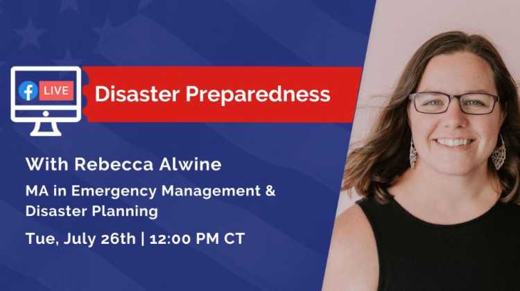 Disaster Preparedness Webinar announcement with title, date, and headshot