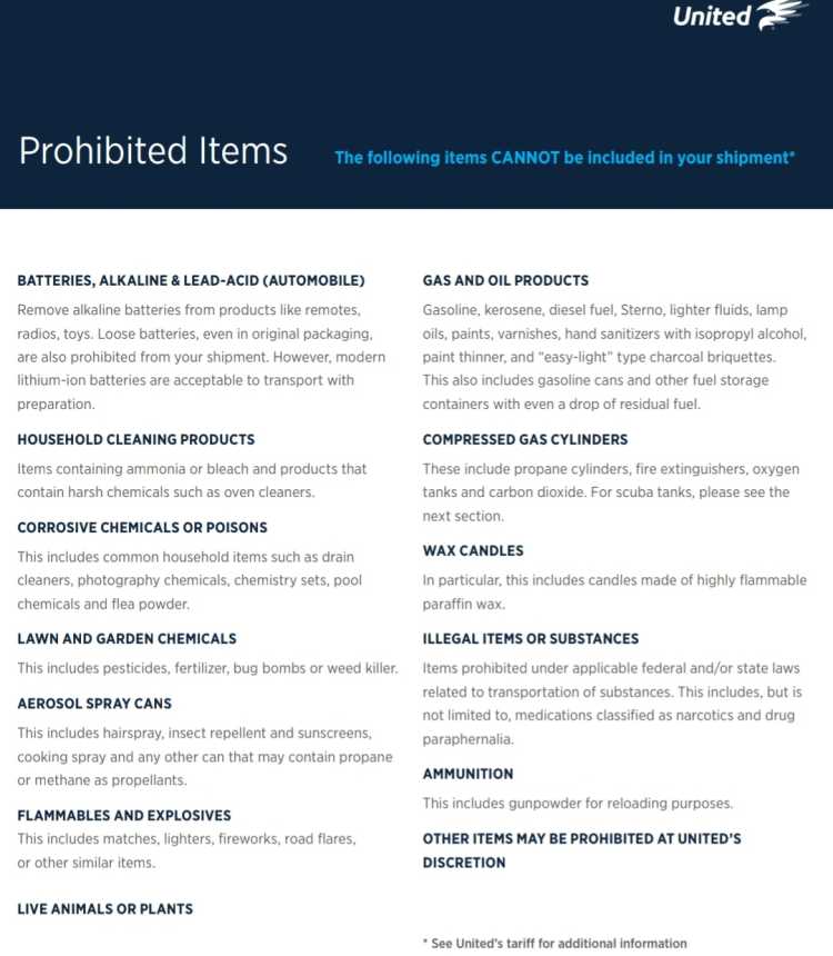 Chart of Prohibited items for PCS moves, from United Van Lines