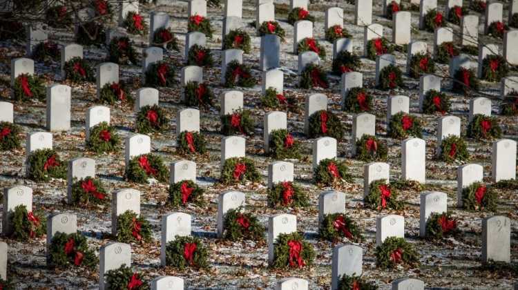 image of military graveyard with a Christmas wreath on each gravestone