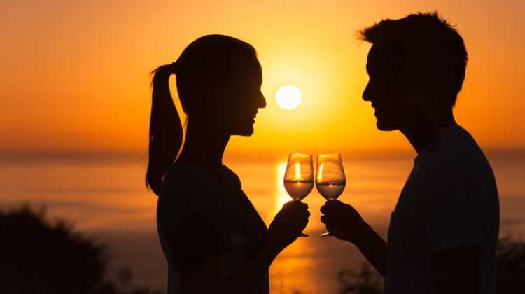 Military couple enjoys a date night in San Diego with wine at the beach