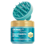 Ein Jar der DermaX Pro Kopfhaut- und Haarmaske mit der Aufschrift „Feuchtigkeits-Ritual“ und einem türkisfarbenen Sechseckmuster. Oben liegt ein passender türkisfarbener Kopfhaut-Massager.