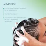 Anwendung: Shampoo ins nasse Haar einmassieren, ausspülen und Conditioner verwenden.