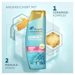 Flasche Head & Shoulders Shampoo mit DermaX Pro, die den Ceramid-Komplex und Manuka-Honig zur Pflege empfindlicher Kopfhaut hervorhebt.