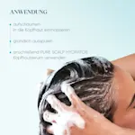 Person wäscht Haare mit Schaum; Anleitung zur Anwendung eines Kopfhautprodukts im Bildtext.