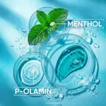 Frische Minzblätter und Laborschalen mit Menthol- und P-Olamin-Wirkstoffen auf blauem Hintergrund.