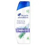 Head & Shoulders Thick & Strong Anti-Schuppen-Shampoo mit Rosmarin-Extrakt, wirbt mit bis zu 100% Schuppen-Schutz.