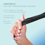 Anleitung zur Conditioner-Anwendung mit Hand, die eine Haarsträhne hält.