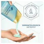 Eine Hand gießt blaues Shampoo aus einer Head & Shoulders Flasche; deutscher Text lautet „dermatologisch getestet“ und ein Siegel weist auf klinisch getestete Wirkstoffe hin.