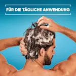 Mann wäscht Haare mit Shampoo, Text: "FÜR DIE TÄGLICHE ANWENDUNG" auf blauem Hintergrund.