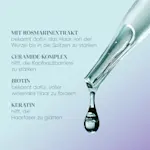 Pipette mit Tropfen und Text zu Rosmarinextrakt, Ceramide-Complex, Biotin und Keratin für Haarpflege