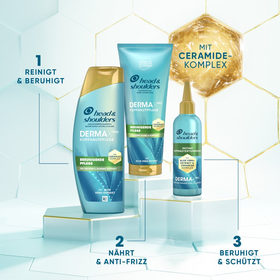 Head & Shoulders DERMAX Pro Produkte – Shampoo, Spülung und Serum mit Ceramid-Komplex.