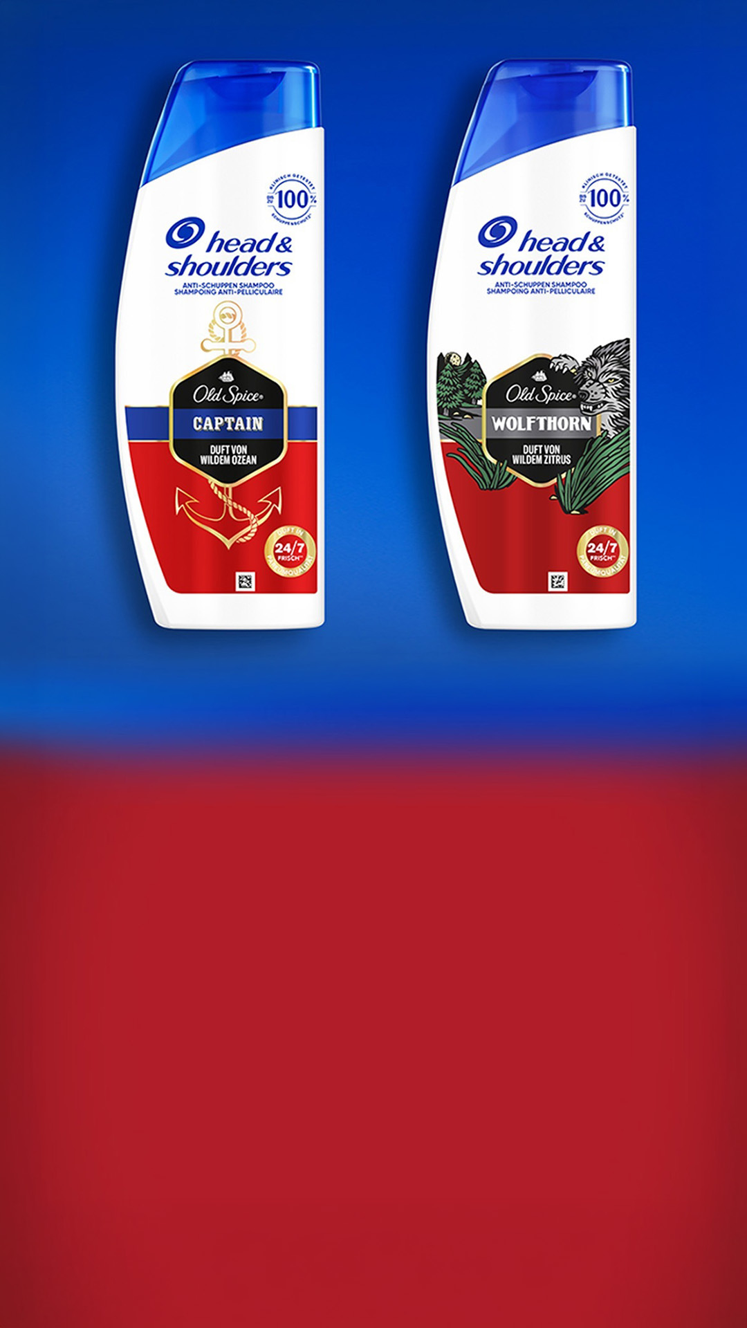 Head&Shoulders- und Old Spice-Shampoos vor einem dunkelblau-roten Hintergrund
