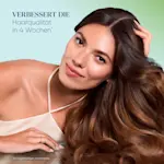 Frau mit langem glänzendem Haar, Text: „VERBESSERT DIE Haarqualität in 4 Wochen“