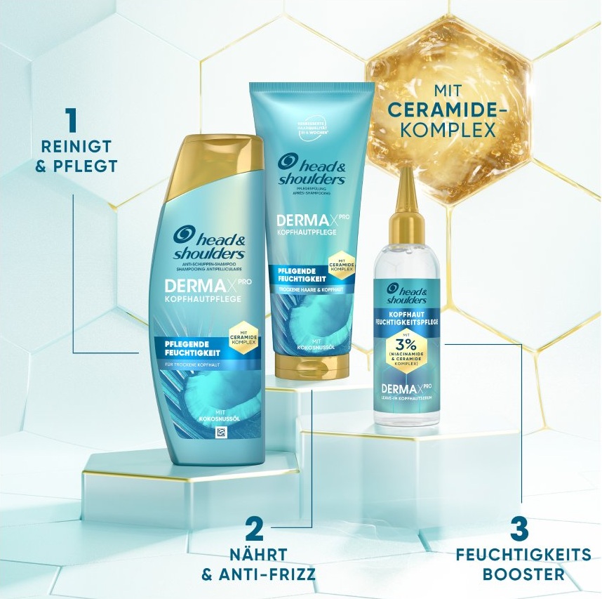 Head & Shoulders DERMAX Pro Produkte – Shampoo, Spülung und Serum mit Ceramid-Komplex.