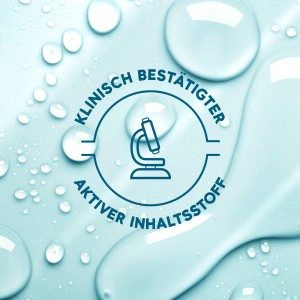 “Klinisch bestätigt” Logo auf einem hellblauen Hintergrund mit Wassertropfen