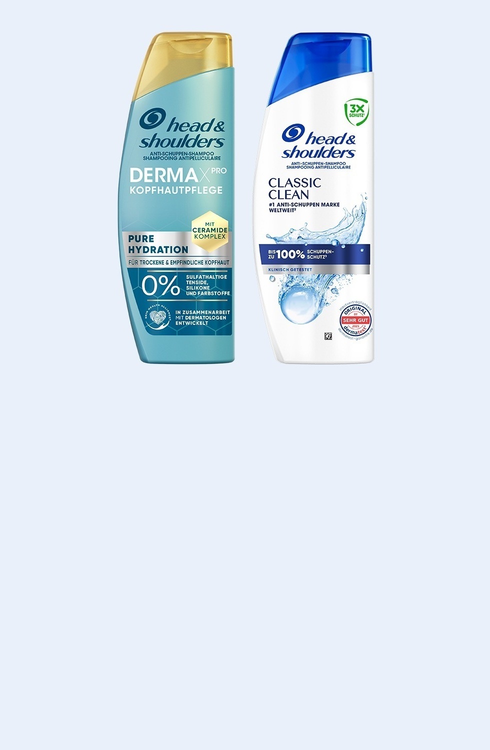 Zwei Head & Shoulders Shampoos auf hellblauem Hintergrund.