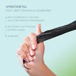 Anleitung zur Conditioner-Anwendung mit Hand, die eine Haarsträhne hält.