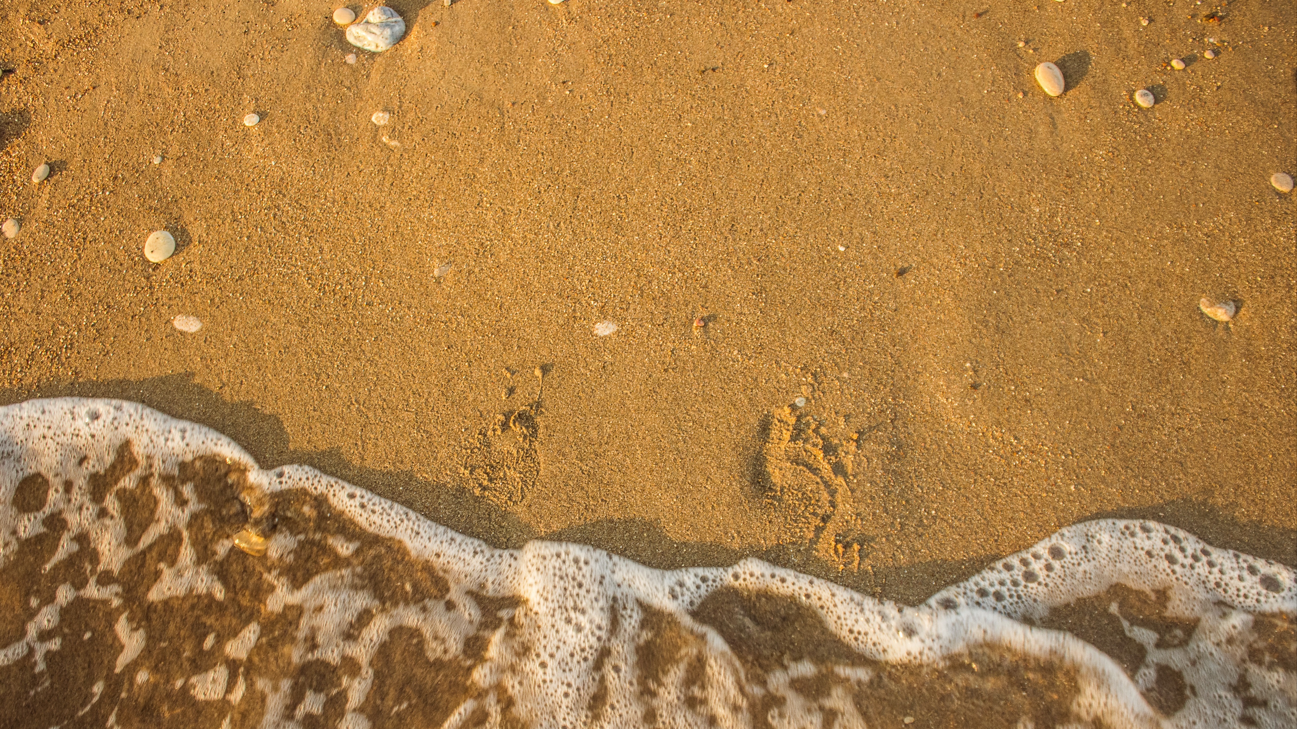 Footprints fading in the sand after wave washes over