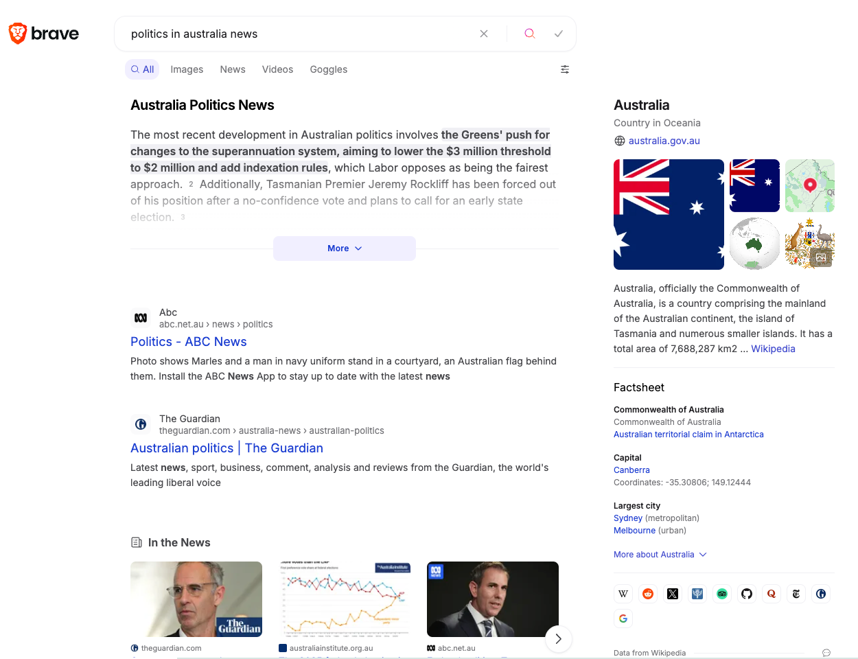 Brave search results page